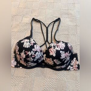 PINK Victoria's Secret Black Floral Lace Strappy Push-Up Bra
